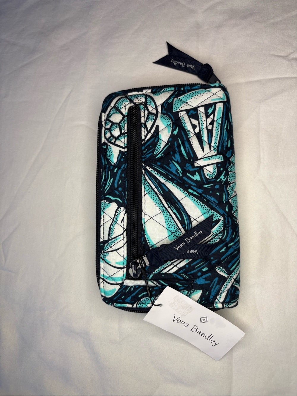 Vera Bradley Quilted Wallet in Teal, Navy & White Abstract Print
